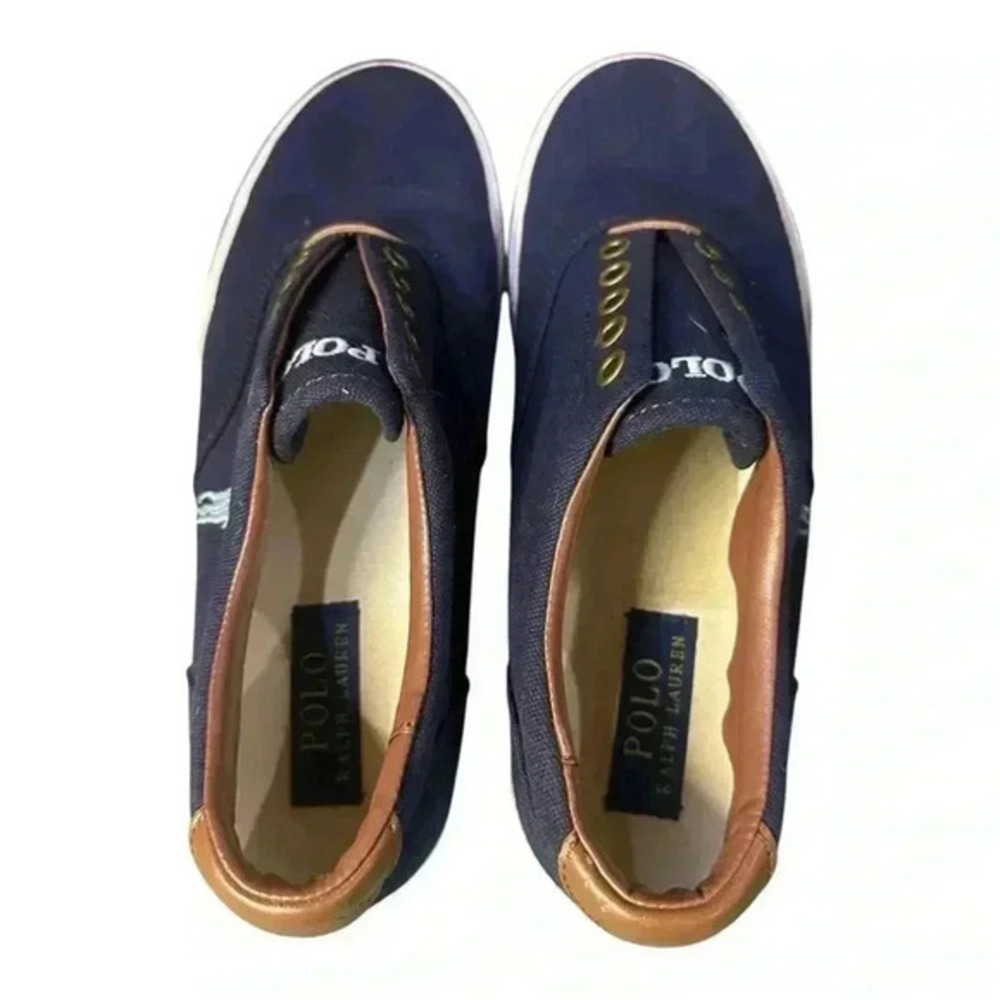 Polo Ralph Lauren Men’s Vito Slip-On Sneakers Size 8D Navy & Brown Canvas - Picture 4 of 6